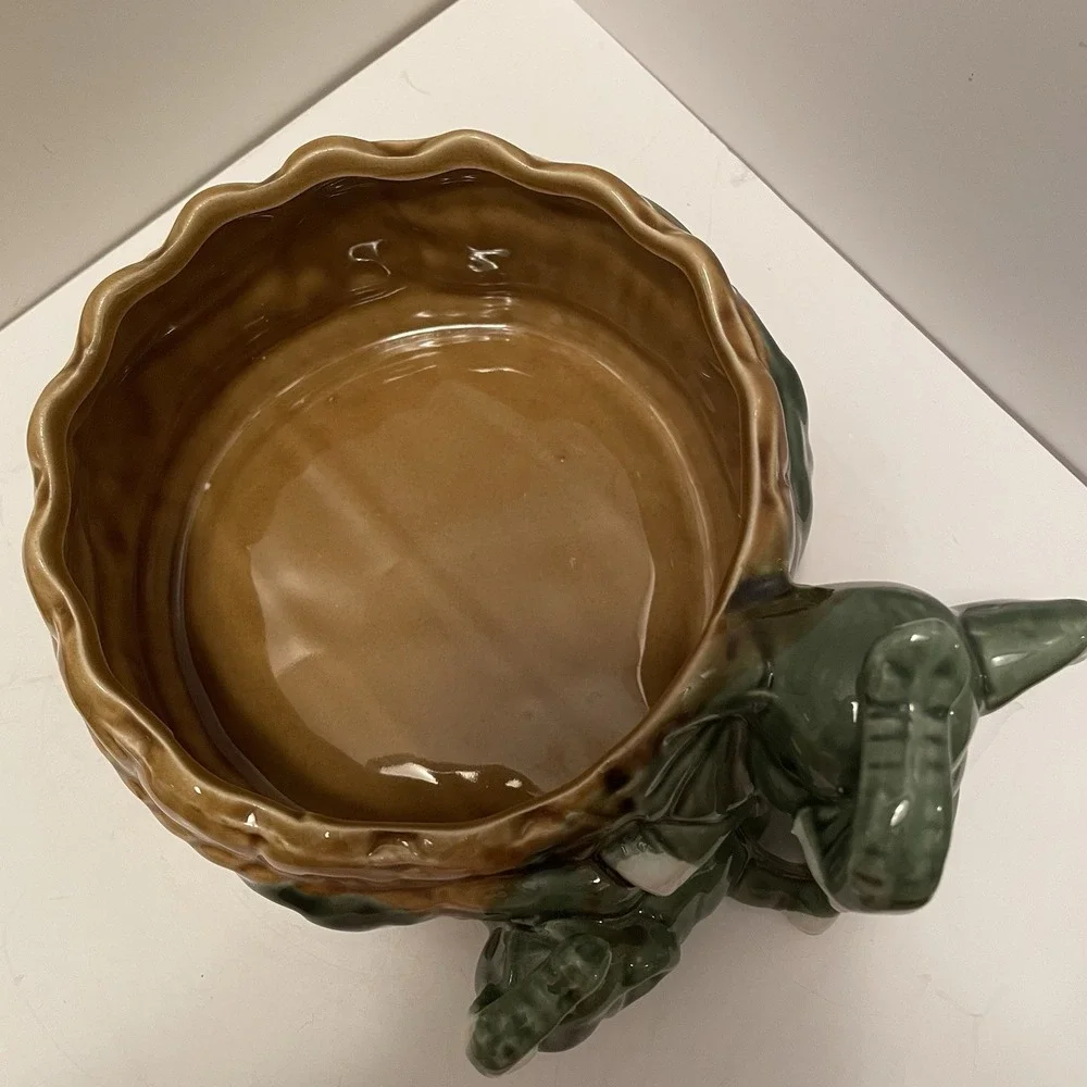 Vtg Majolica Style Elephant Planter Mother & Baby Bamboo Basket Ceramic Cachepot